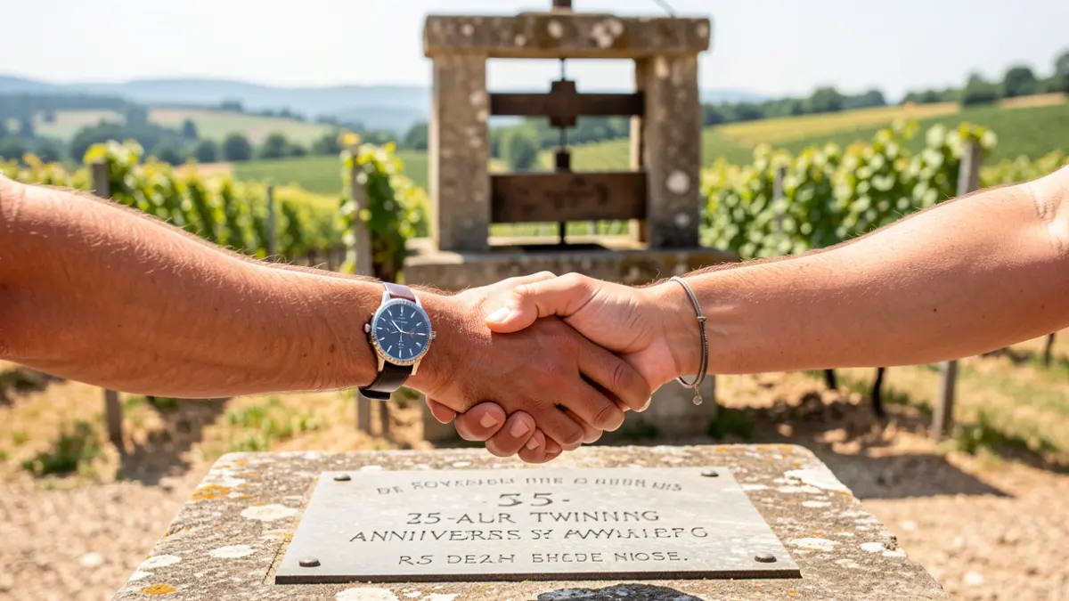 Generic image of two hands shaking in front of an old wine press to celebrate a twinning.