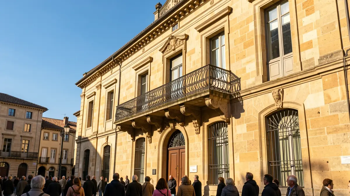 Façade en pierre d'un hôtel de ville d'Occitanie avec balcon orné et rambardes en fer forgé, soleil d'après-midi chaud projetant des ombres sur les murs en grès, ciel bleu.