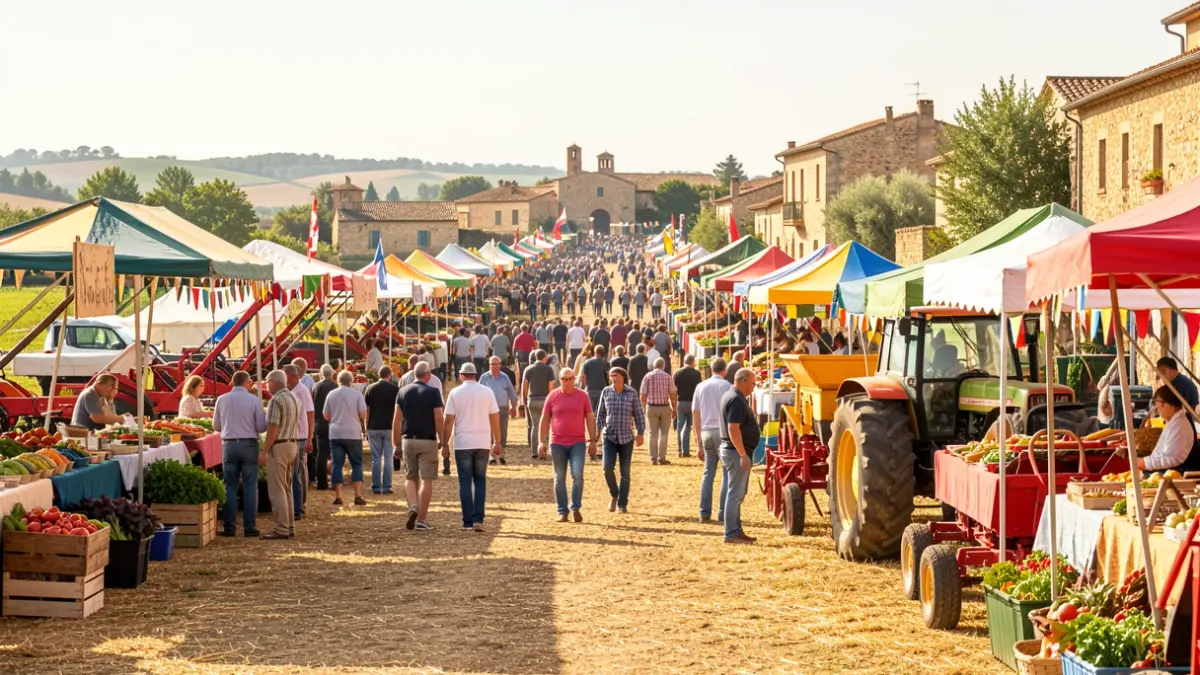 Generic image of a festive agricultural fair in Occitanie, featuring stalls and farming equipment.