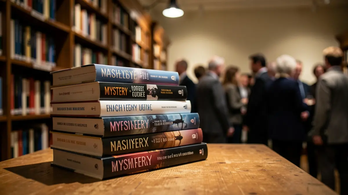 Generic image of mystery novels stacked on a wooden table.