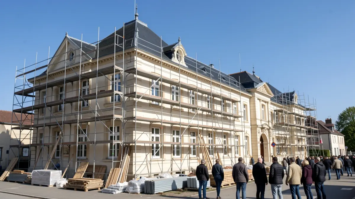 École Yves Chaze à Samatan en cours de rénovation avec échafaudages.