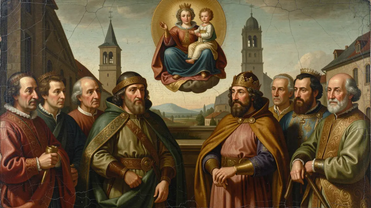 Detail of the painting 'The Apotheosis of Gervais and Protasius' before restoration, showing the saints and their family, with Lectoure's bell tower in the background.