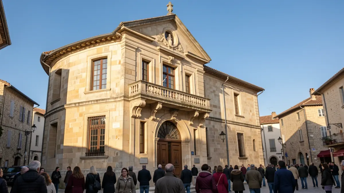 Facade of the Saint-Affrique town hall, a stone building with a balcony, in the afternoon sun.