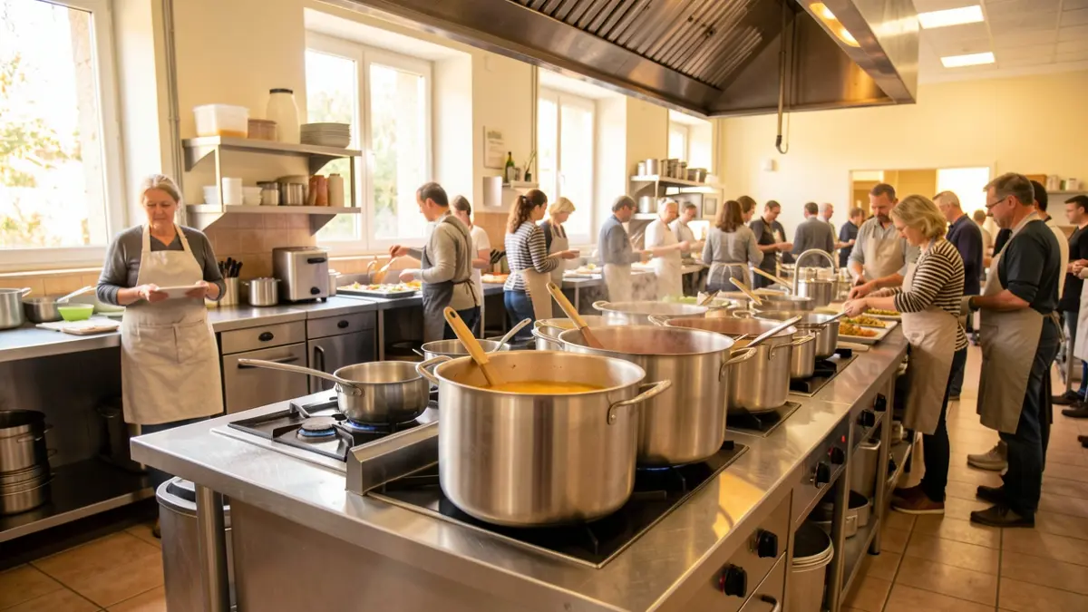 Cuisine centrale de Saint-Affrique préparant un repas collectif pour l'opération nationale "Le Grand Repas".