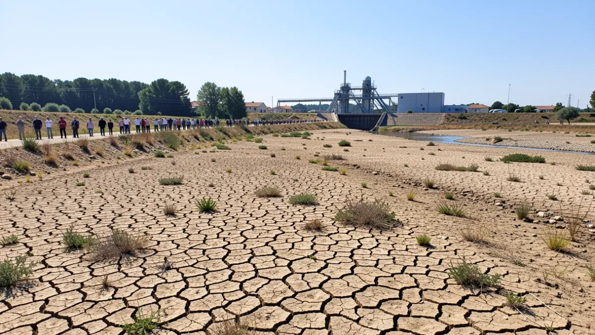 Dry riverbed of the Cayla river in Saint-Céré, with cracked earth and sparse vegetation under a bright, cloudless sky. The water production facility is visible in the background.