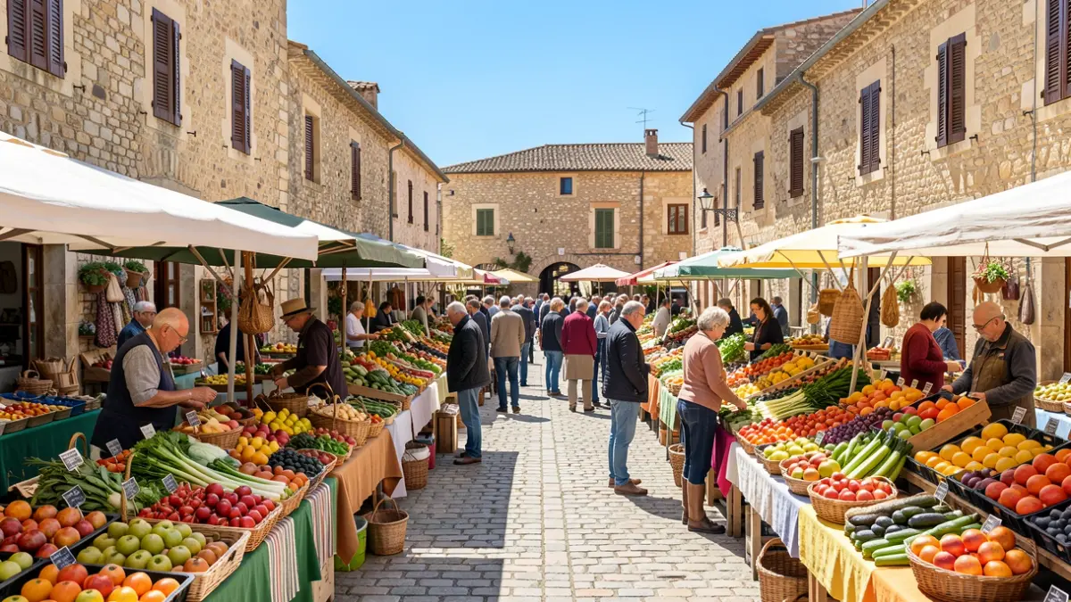Lively weekly market scene in an Occitanie village, with stalls of local produce and residents.