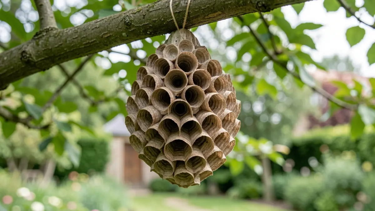 Close-up of a paper-mâché Asian hornet nest hanging from a tree branch in a garden.