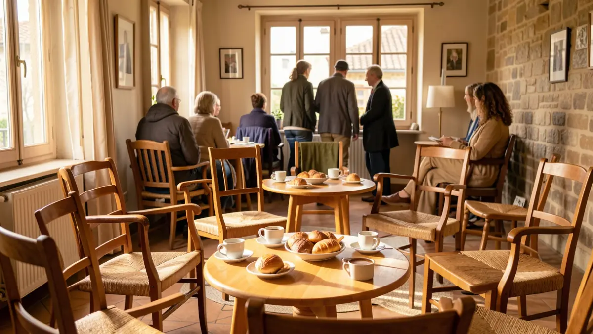 Salle de réunion communautaire à Sauvian avec tables, chaises et pâtisseries, baignée de lumière.