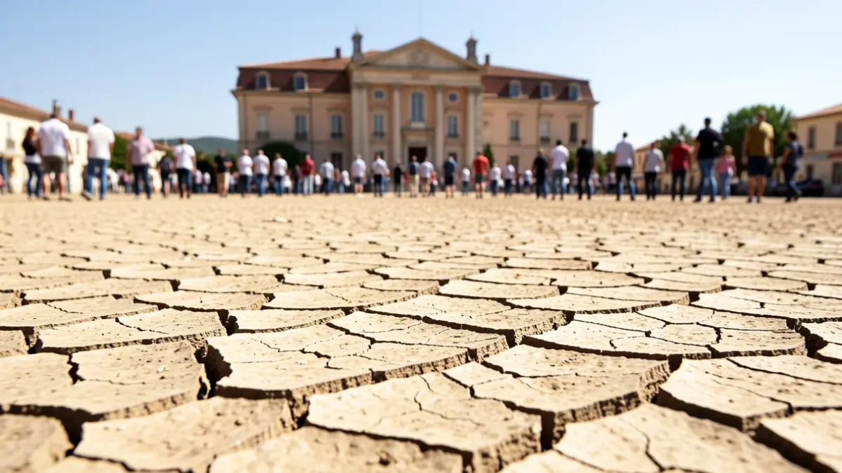 Generic image of drought with a dry riverbed and a public building in the background.