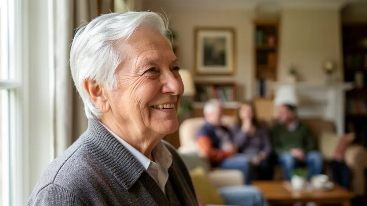 Image générique d'une personne âgée souriante dans un intérieur lumineux.