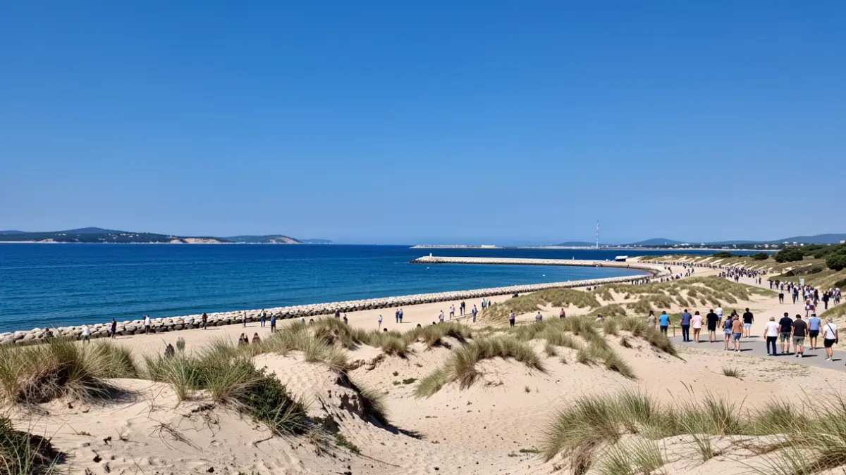 View of the Bassin de Thau coastline with the Mediterranean Sea and a clear blue sky.