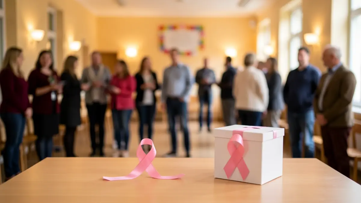 Generic image of a solidarity event for October Rose, featuring a pink ribbon and a donation box.