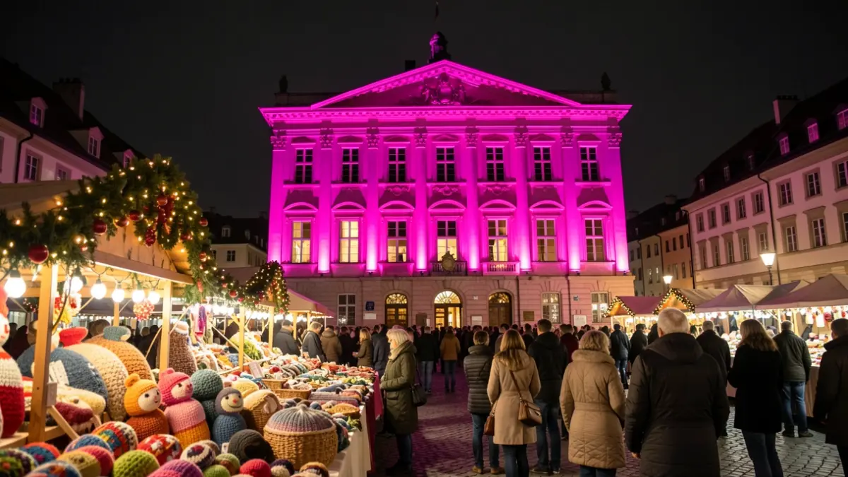 Façade illuminée en rose de la mairie de Servian pendant Octobre Rose, avec des décorations sur la place du marché.