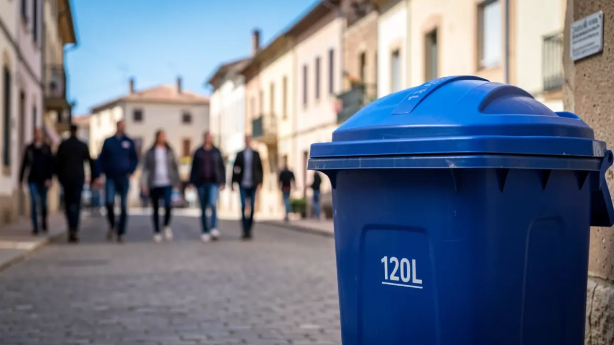 A 120L household waste bin with a blue lid, in the Occitanie region.