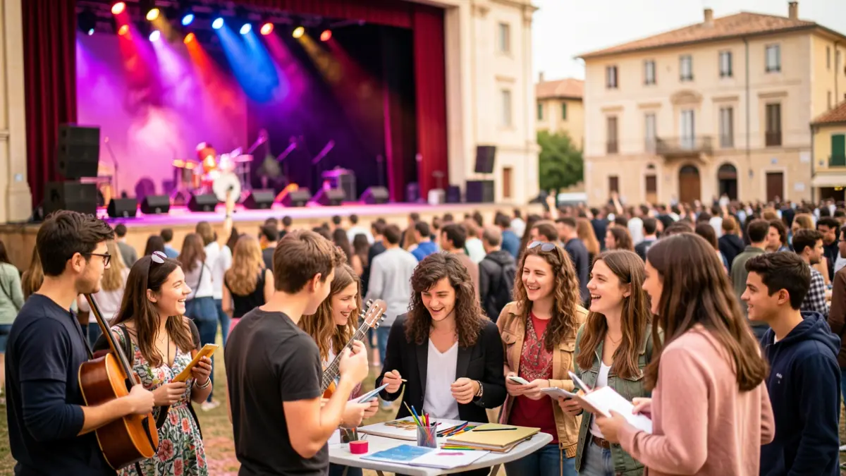 Image générique d'un événement culturel étudiant festif à Albi, avec une scène de théâtre et des jeunes interactifs.
