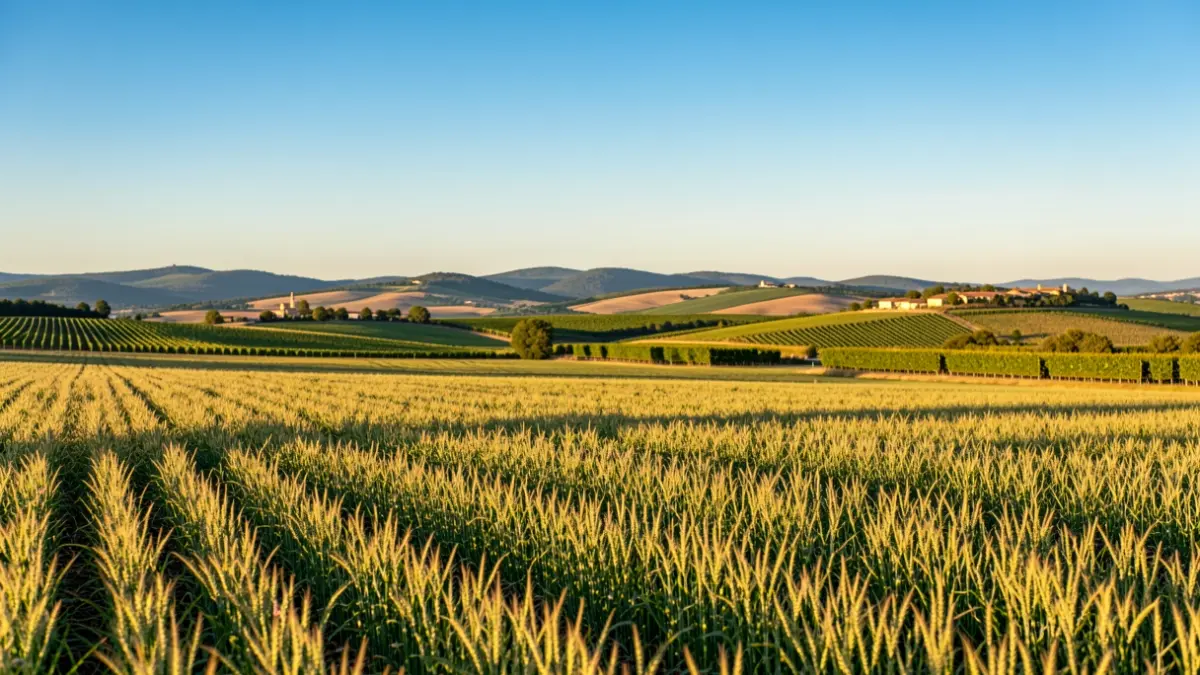 Rural landscape of Occitanie with fertile fields and vineyards under a blue sky.