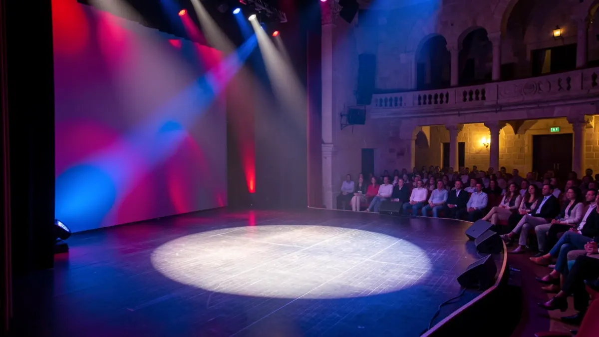 Scène de théâtre moderne avec éclairage abstrait et un projecteur sur une zone vide, suggérant l'attente de jeunes talents artistiques.