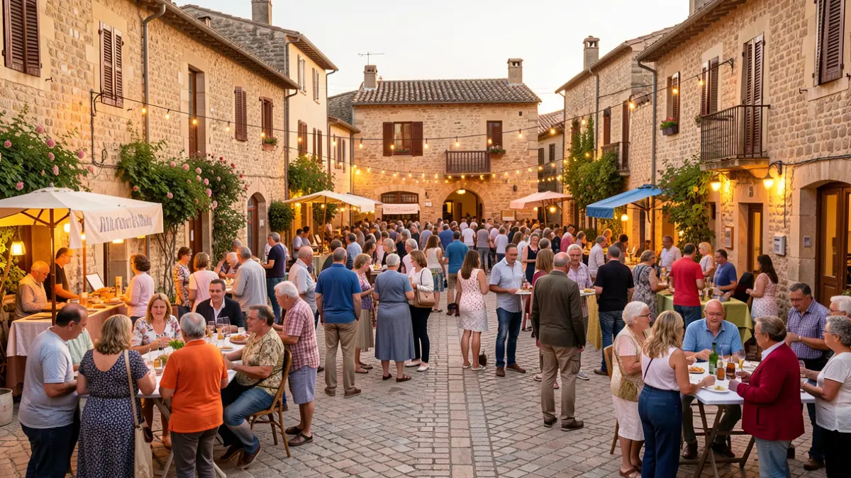 Image générique d'une place de village animée en Occitanie, France, avec des personnes de différentes générations.