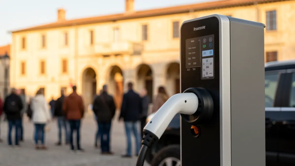 Electric charging station in front of a town hall in southern France.
