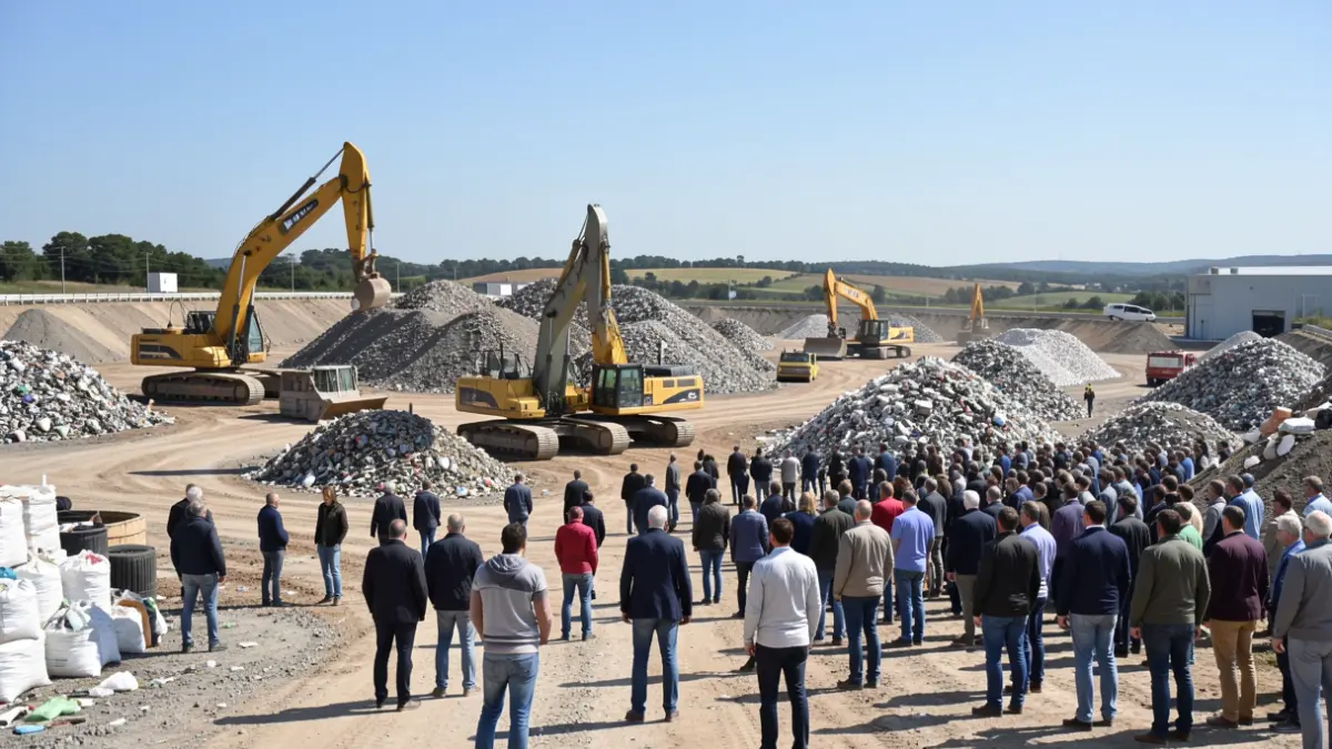 Modernization construction site at the Servian waste disposal center, Hérault, with construction machinery and materials.