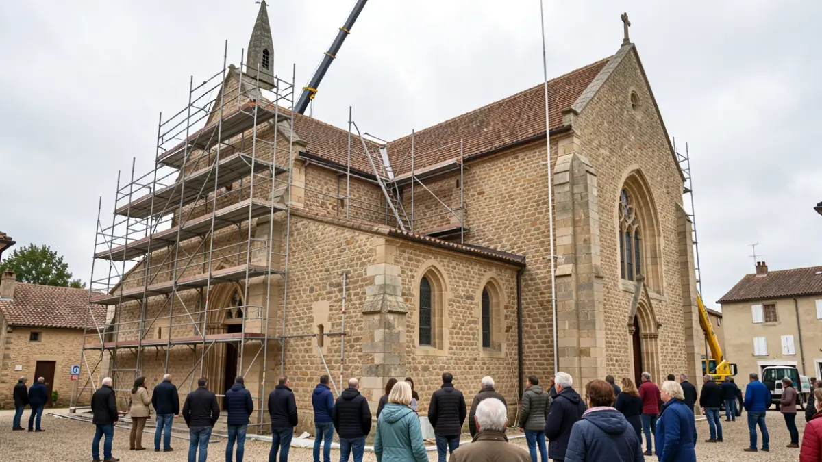 Travaux de réfection des toitures de l'église Saint-Georges à Saint-Juéry, avec échafaudages et grue.