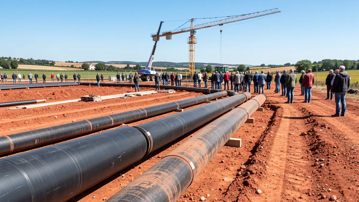 Chantier de travaux hydrauliques avec des tuyaux en cours d'installation sur un sol en terre rouge.