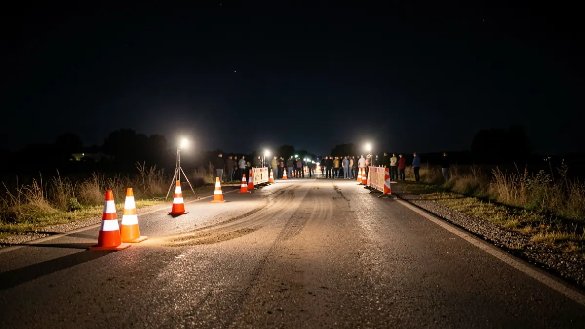 Image générique de travaux routiers nocturnes avec cônes et barrières.