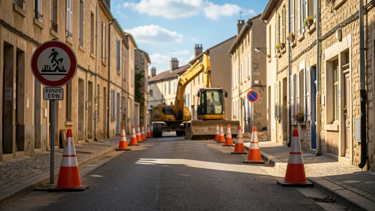 Travaux de voirie dans une rue de Millau avec déviations et signalisation.