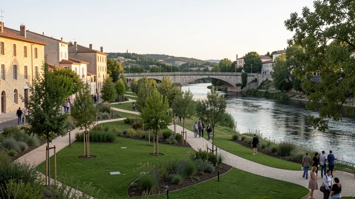 Aménagement des berges de l'Aude à Trèbes après les inondations, avec de nouveaux espaces verts et un pont.