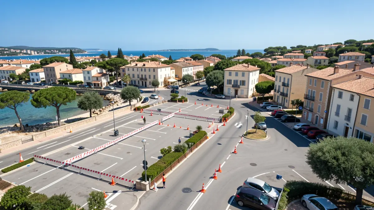 Vue aérienne des routes et parkings de La Grande-Motte lors du triathlon, avec des barrières et cônes signalant les restrictions de circulation et de stationnement.