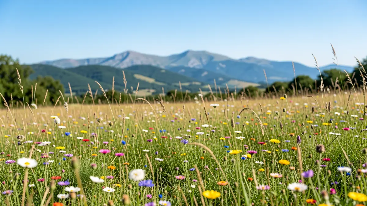 Diverse meadow in the Massif Central, with wildflowers and hills in the background.