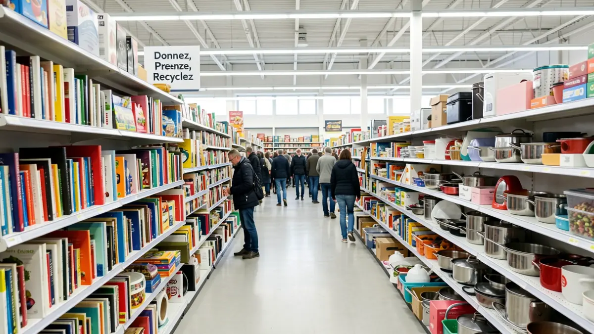 Intérieur d'une recyclerie avec des étagères remplies d'objets d'occasion et une signalétique promouvant le don et le réemploi.