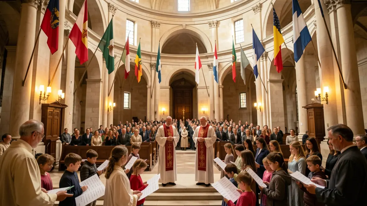 Commemorative ceremony in a rotunda with flags and children reading names.