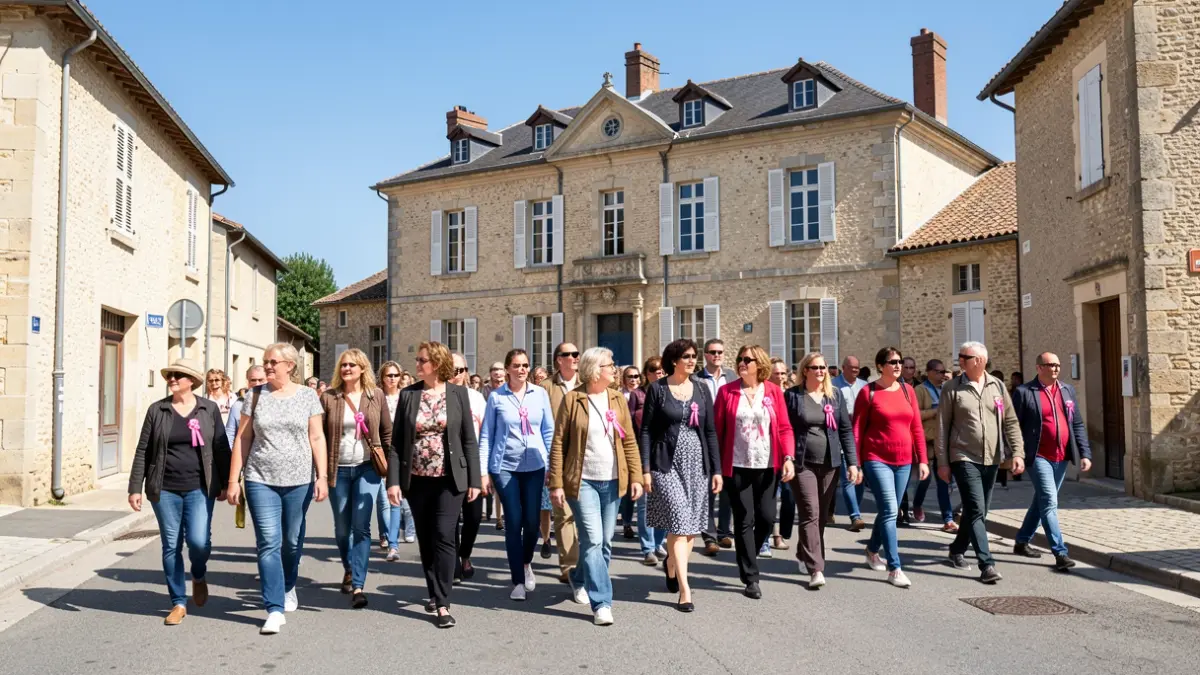 Generic image of a solidarity walk for Pink October in front of a town hall in the South-West of France.