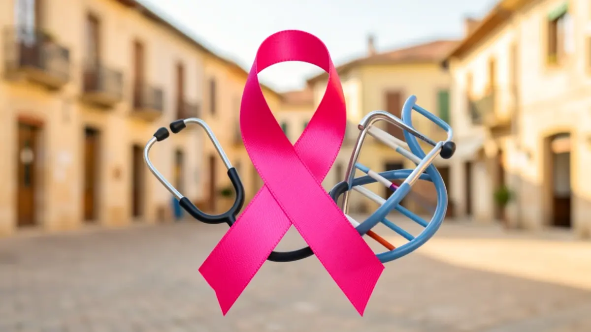 Pink ribbon intertwined with medical symbols in a community setting.