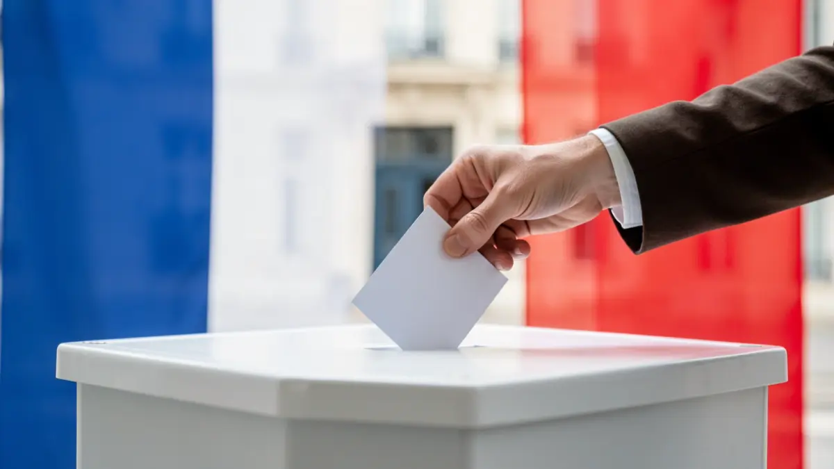 A ballot box with a hand dropping a vote into it, against a blurred background of French flag colors and a town hall facade.