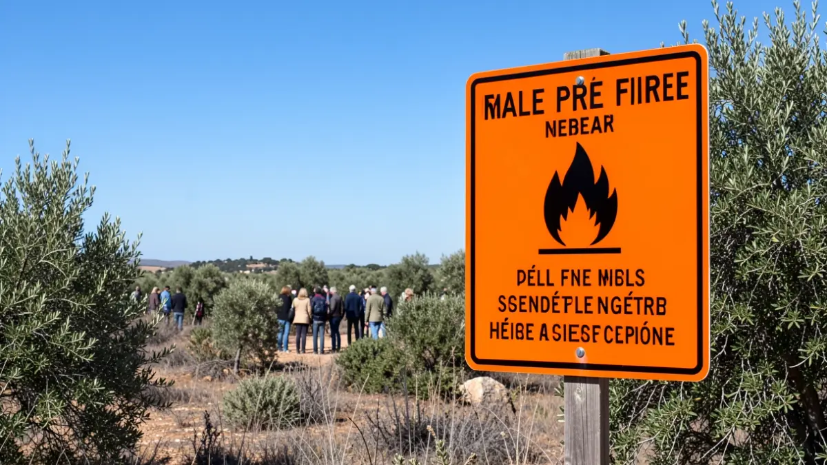 Orange forest fire alert sign in a Mediterranean landscape.