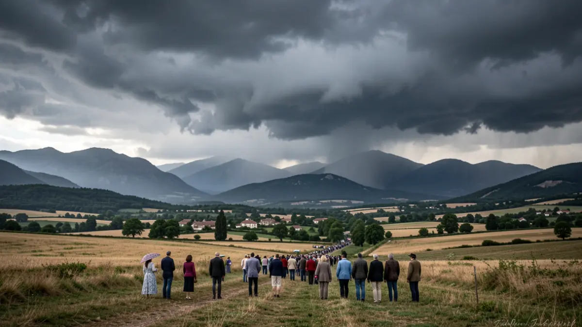 Generic image of menacing storm clouds over the Cévennes mountains, with heavy rain beginning to fall on a rural landscape.