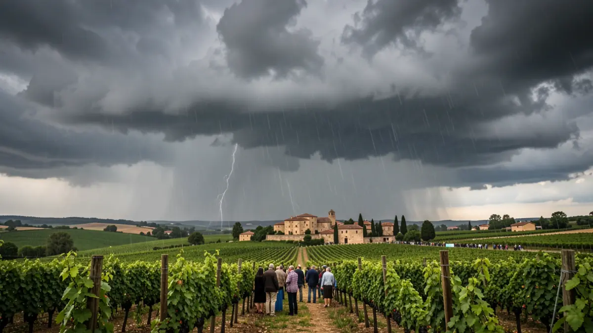 Generic image of threatening storm clouds over a vineyard landscape in the Gard region.
