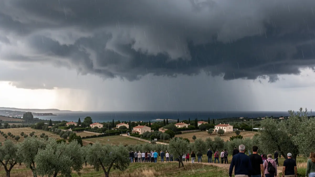 Ciel orageux menaçant sur le Gard, avec de fortes pluies s'abattant sur le paysage.