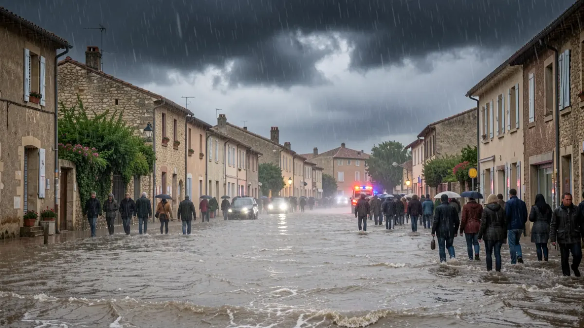 Threatening stormy sky over Vauvert with heavy rain and street flooding.