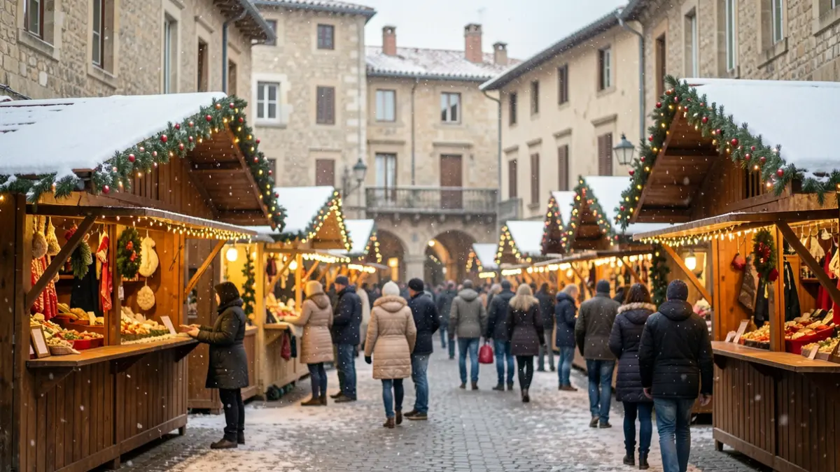 Christmas market in Villefranche-de-Rouergue with decorated chalets and snowflakes.