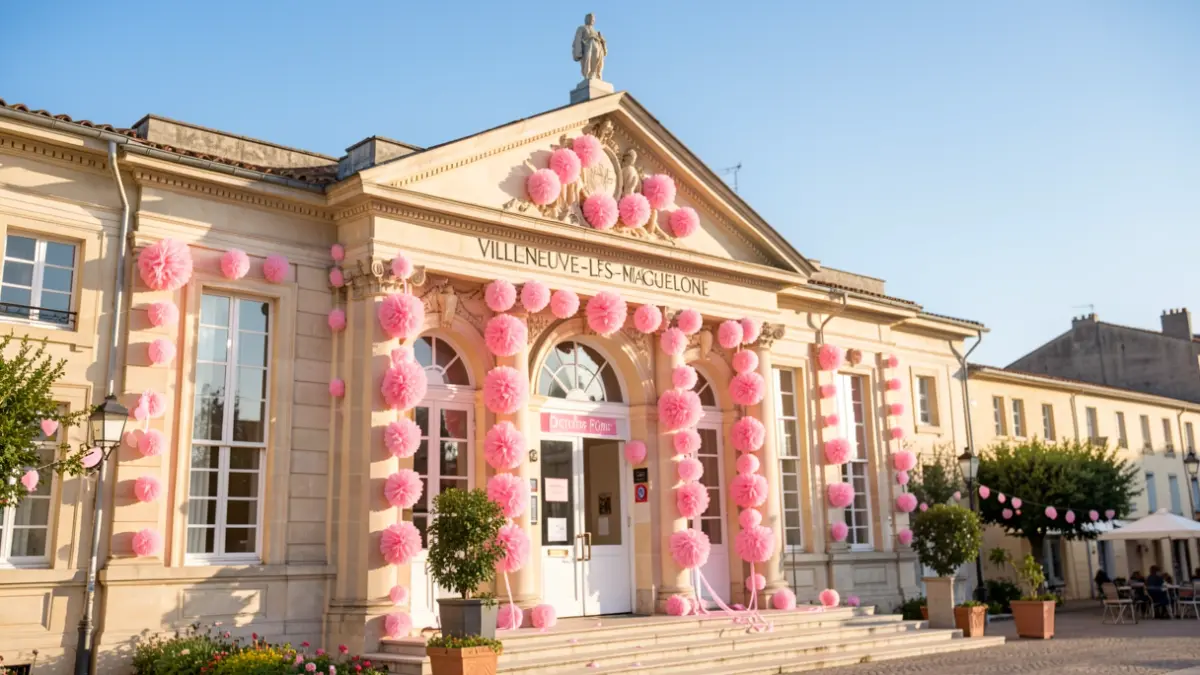 The town hall and Place des Héros in Villeneuve-lès-Maguelone decorated for 'Octobre Rose'.