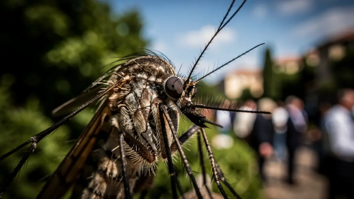Close-up of a mosquito's head with intricate details, against a blurred background of green foliage and a hint of a Mediterranean sky. The lighting is dramatic.