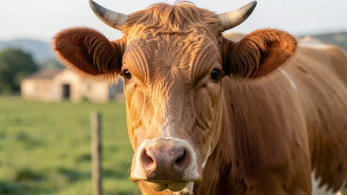 Image d'une vache dans une ferme d'Occitanie, avec un éclairage doux.