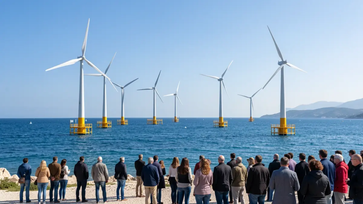 Floating wind turbines in the Mediterranean Sea near Port-La-Nouvelle.