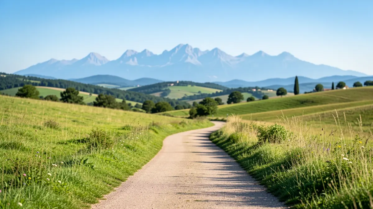 Green cycling path in the Pays des Nestes with the Pyrenees in the background.