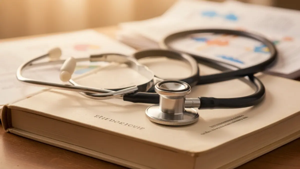 Generic image of a stethoscope on a medical textbook, with blurred documents in the background.