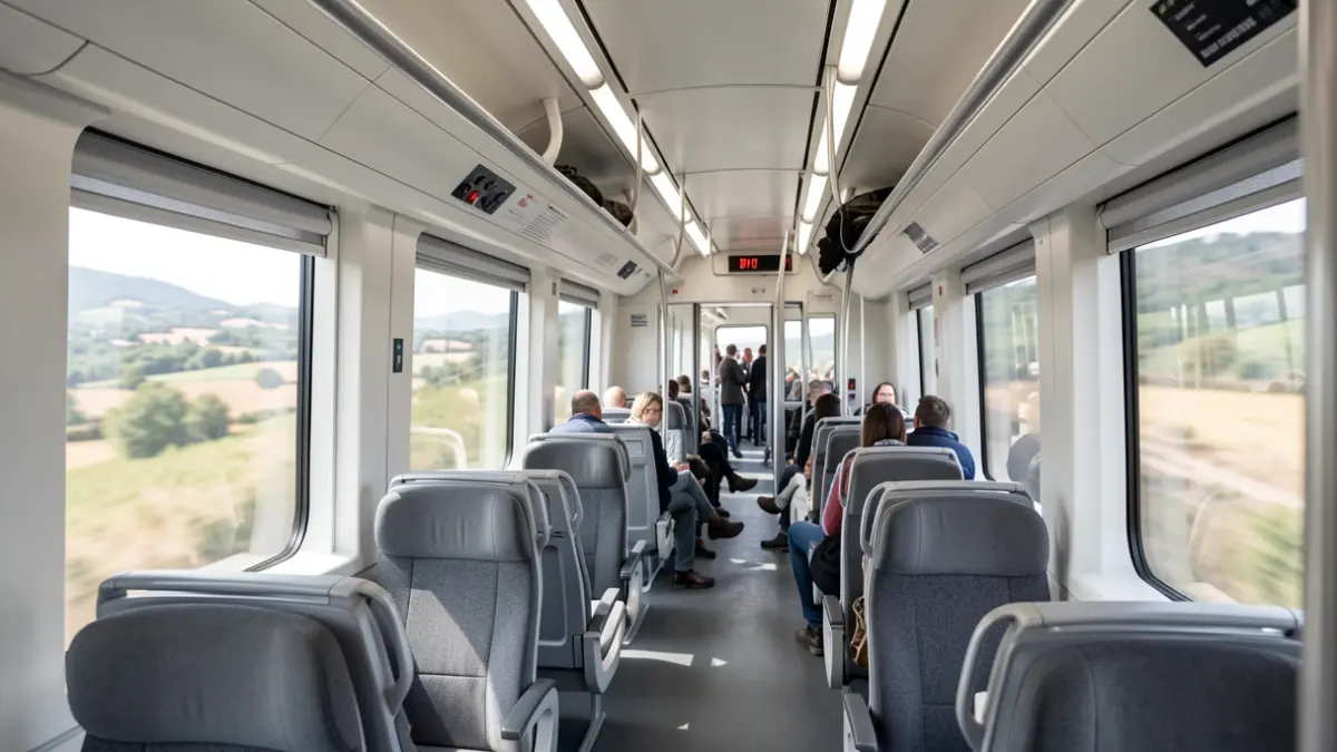 Generic image of the interior of a modern two-level train, with empty seats and windows showing a blurred landscape.