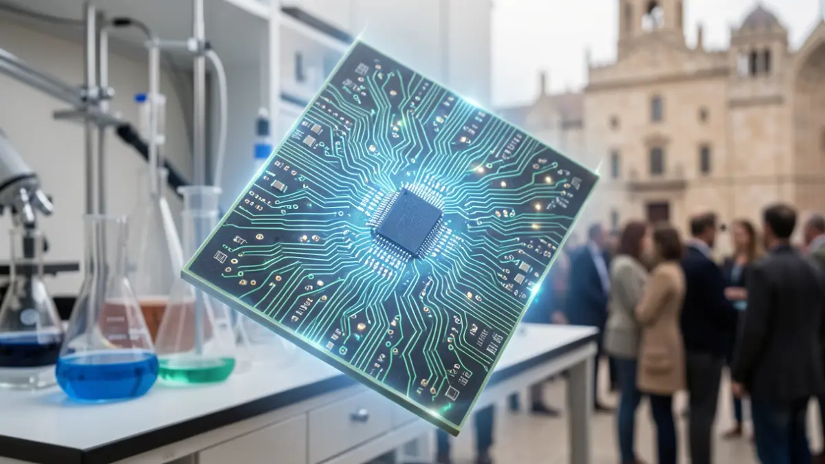 Generic image of a close-up on a glowing microchip with intricate circuitry, against a blurred background of scientific equipment and laboratory glassware. Occitanie architectural elements in the background.